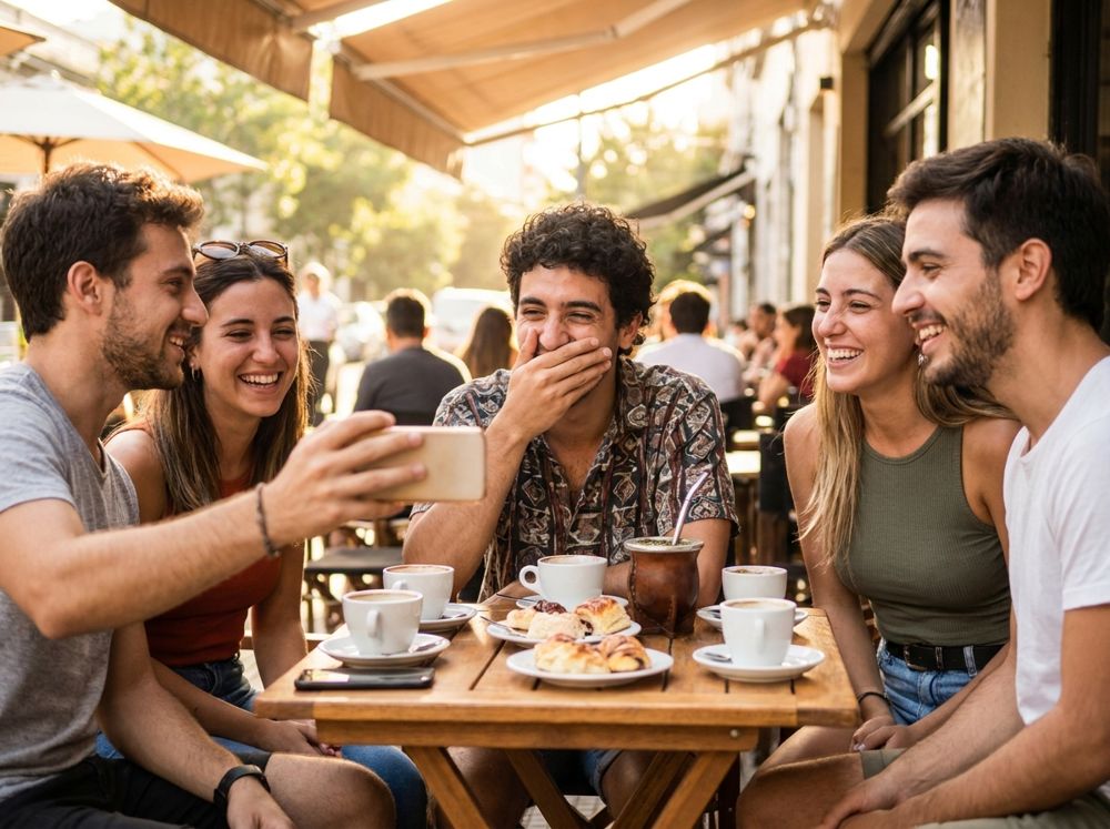 Amigos en un bar sacándose una foto; uno se tapa la boca al reírse